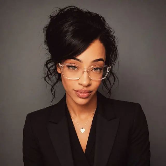 Yolanda Yvette in a black blazer and clear glasses